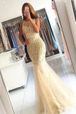 Elegant Mermaid Tulle Sleeveless Prom Dresses with Beading, Long Cheap Formal Dresses STB15182