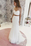 Elegant Two Pieces Lace Mermaid Short Sleeves Tulle Wedding Dresses STB15581