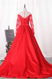 Scoop Prom Dresses Long Sleeves Satin A Line With Applique