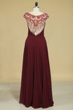 A Line Straps Beaded And Ruched Bodice Prom Dresses Floor Length Chiffon