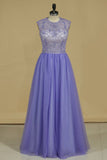 Scoop A Line Prom Dresses Tulle With Beading Open Back