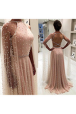 Cape Sleeve Long Prom Dresses With Pearls