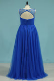 A Line Scoop Tulle With Beads And Ruffles Floor Length Prom