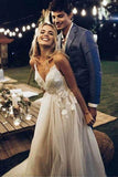 A Line Spaghetti Straps V Neck Beach Wedding Dresses Backless Summer Bridal Dresses STB15494