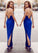 Long Royal Blue V-Neck Criss Cross Spaghetti Straps Slit Mermaid New Style Evening Dresses