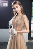 A Line V Neck Short Sleeves Long Tulle Prom Dress Evening Dresses With STBP7MZF43L