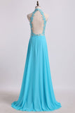 High Neck A Line Prom Dresses With Applique&Beads Chiffon