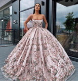 Princess Ball Gown Spaghetti Straps Beads Floral Print Prom Dresses Long Quinceanera Dress STB15294