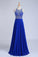 Halter A-Line/Princess Dark Royal Blue Prom Dresses Tulle And Chiffon Sweep Train