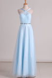 Tulle Straps Bridesmaid Dresses A Line With Ruffles And Beads Floor