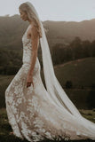 Princess Mermaid V Neck Lace Appliques Ivory Wedding Dresses, Straps V Back Wedding Gowns STB15300