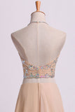 Sexy Prom Dresses Halter Two Pieces A Line With Flowing Chiffon Skirt