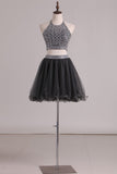 A Line Homecoming Dresses Halter Two-Piece Beaded Bodice Tulle Short/Mini