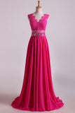 V Neck Tulle&Lace Back A Line Exquisite Chiffon Beading Prom