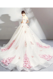 Unique Off The Shoulder Tulle Wedding Dress With Pink Flowers Ball Gown Wedding STBPQ4NB2CL