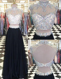 Glamorous Two Piece High Neck Cap Sleeves Long Black Prom Dress with Beading Open Back