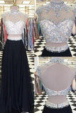 Glamorous Two Piece High Neck Cap Sleeves Long Black Prom Dress with Beading Open Back