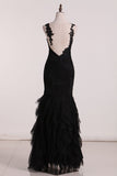 Open Back Bateau Dark Navy Evening Dresses Mermaid Tulle With