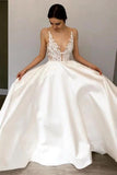 Simple A-Line Deep V Neck Satin Ivory Wedding Dress with Lace Appliques STB15387