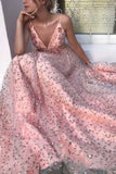 Elegant Pink V Neck Floral Lace Long Prom Dresses Spaghetti Strap Formal