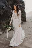 Charming A Line Long Sleeves V Neck Lace Ivory Beach Wedding Dresses, Bridal STB20395