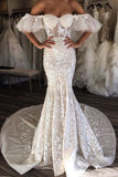 Gorgeous Mermaid Off the Shoulder Sweetheart Open Back Ivory Lace Wedding Dresses