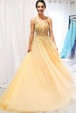 A Line Gold V Neck Beading Tulle Prom Dresses Spaghetti Straps Long Cheap Formal Dress STB14999