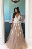 Elegant A Line V Neck Open Back Spaghetti Straps Tulle Prom Dresses with Lace Appliques
