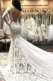 Mermaid V Neck Illusion Back Long Sleeves Ivory Tulle Court Train Wedding Dress with Lace