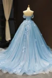 Light Sky Blue Off The Shoulder Ball Gown Tulle Prom Dress With