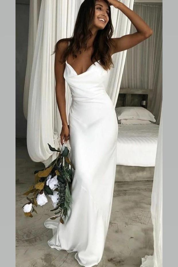 Elegant Mermaid Cowl Neckline White Simple Wedding Dresses, Spaghetti Straps Bridal Dress STB15177