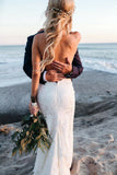 Spaghetti Straps V Neck Lace Wedding Dresses, Backless Mermaid Beach Wedding Gowns STB15423