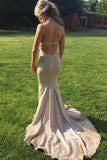 Elegant V Neck Halter Mermaid Appliques Prom Dresses with Beadding, Backless Party Dress STB15213