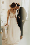Elegant A Line Tulle Ivory V Neck Wedding Dresses With Pearls V Back Beach Bridal STBPJ5XYJAD