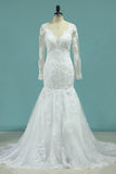 Wedding Dresses Long Sleeves V Neck Mermaid Tulle With