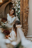A-Line Ivory Sweep Train Tulle Long Sleeves Long Beach Wedding Dresses With