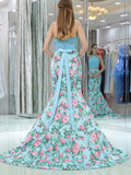 Elegant Mermaid Halter Two Pieces Blue Floral Prom Dresses, Beads Evening Dresses STB15178