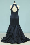 Prom Dresses Satin Sexy Open Back V Neck Sweep Train
