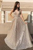 Modest Sparkly A Line Champagne V Neck Long Prom Dresses, Evening Dresses STB15269