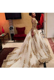 Prom Dresses V Neck Long Sleeves Tulle With Applique And Beads