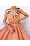 Charming Orange 3D Flowers Long Prom Dresses V-Neck Tulle Cheap Evening