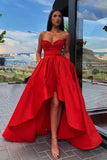 Elegant A Line Red Strapless High Low Prom Dresses with Pockets, Long Party Dresses STB15148