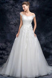 Off the Shoulder Tulle Wedding Dress with Lace Applique, A Line Long Bridal Dresses STB15273