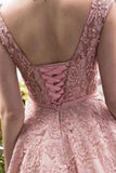 Bateau A-Line Lace Prom Dresses Tea Length With Applique And
