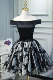 Black Satin Off the Shoulder Cute Homecoming Dresses Short Prom Dress Hoco Gowns STB14967