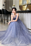Unique Sparkle Straps Floor Length Tulle Prom Dress, A Line Sleeveless Evening