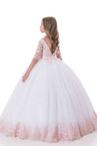 Scoop Ball Gown Mid-Length Sleeves Tulle With Applique Flower