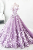 Ball Gown Off the Shoulder V Neck Tulle Lavender Beads Prom Dresses, Quinceanera Dresses STB15562