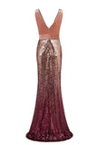 Sexy Sequins Mermaid V Neck Burgundy Velvet Long Prom Dresses Backless Evening Dress STB15352