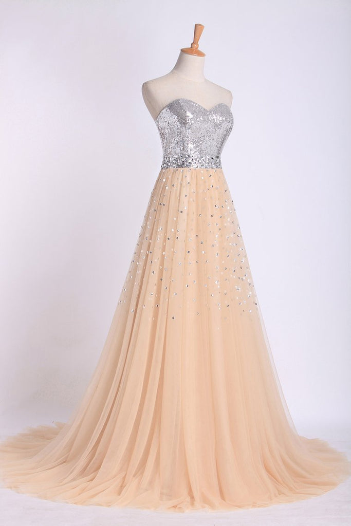 Sweetheart A Line Sweep Train Prom Dresses Tulle With